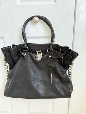 Michael Michael Kors Hamilton Black Leather Satchel | Silver Hardware |